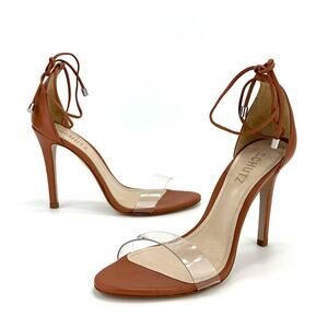 Schutz Josseana Stiletto Heel Sandal Sz 8.5 Brown Leather/Clear Vinyl Ankle-Tie